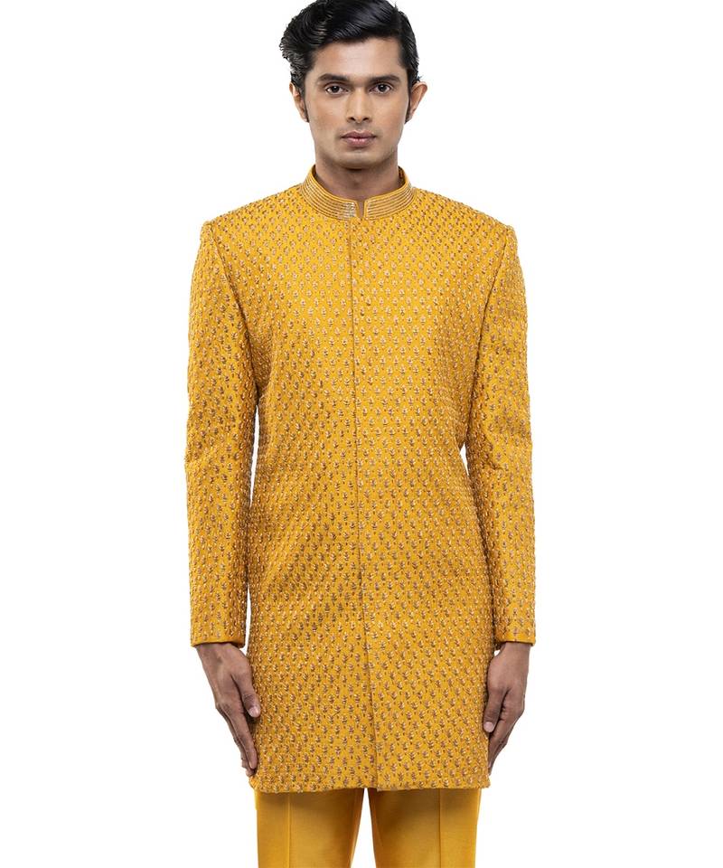 Yellow embroidered silk sherwani set