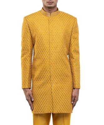 Yellow embroidered silk sherwani set 2