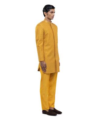 Yellow embroidered silk sherwani set 3