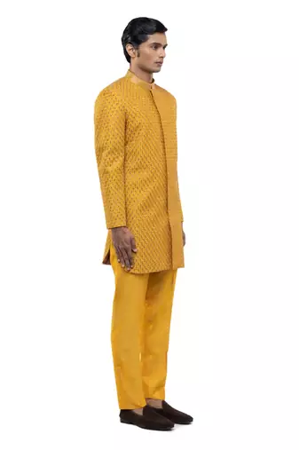 Yellow embroidered silk sherwani set