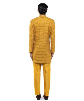 Yellow embroidered silk sherwani set 4
