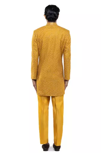 Yellow embroidered silk sherwani set