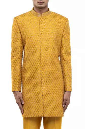 Yellow embroidered silk sherwani set