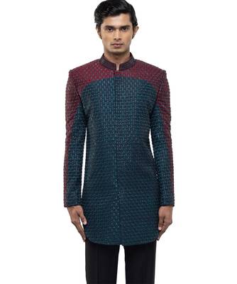 Blue embroidered silk sherwani set 1