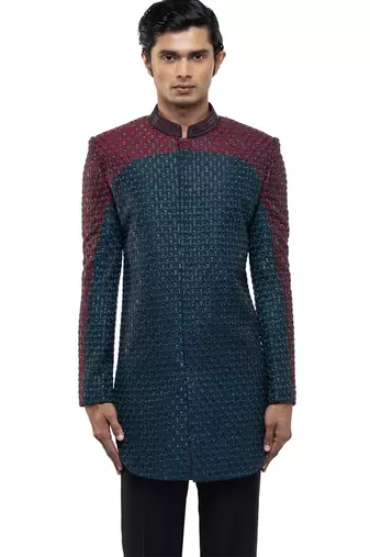 Blue embroidered silk sherwani set
