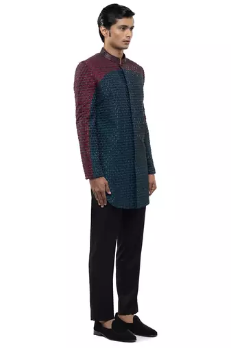 Blue embroidered silk sherwani set