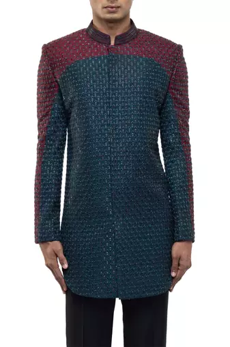 Blue embroidered silk sherwani set