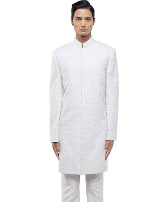 White embroidered silk sherwani set 1