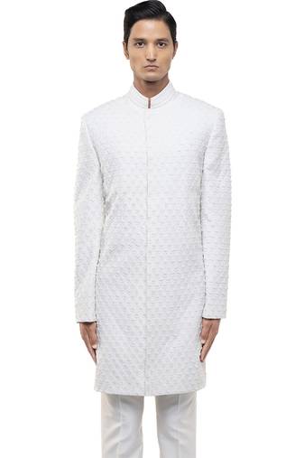 White embroidered silk sherwani set