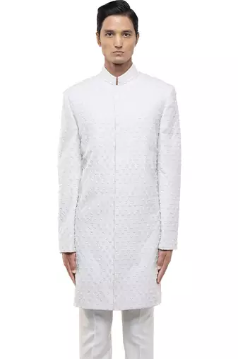 White embroidered silk sherwani set