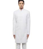 White embroidered silk sherwani set