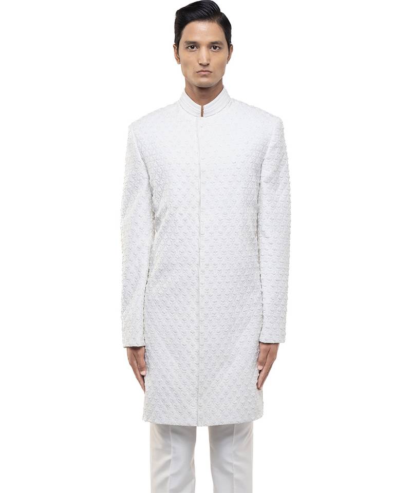 White embroidered silk sherwani set