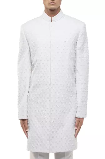 White embroidered silk sherwani set