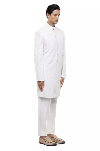 White embroidered silk sherwani set