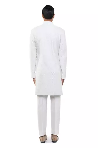 White embroidered silk sherwani set