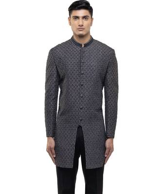 Grey embroidered silk sherwani set 1