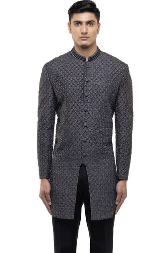 Grey embroidered silk sherwani set