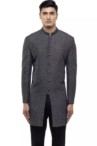 Grey embroidered silk sherwani set