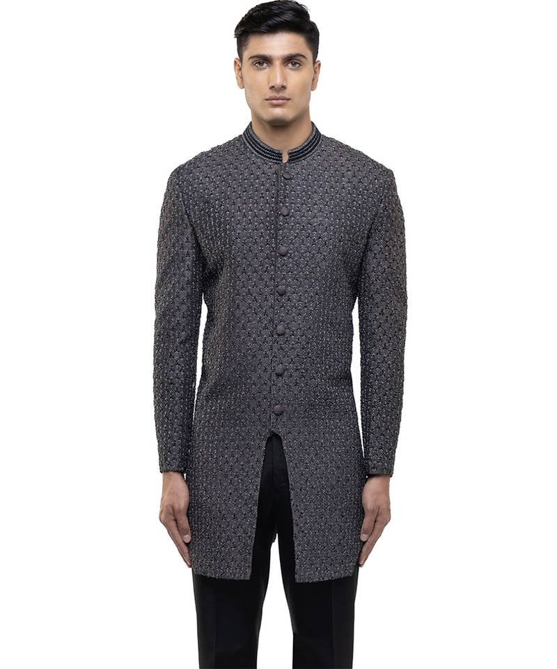 Grey embroidered silk sherwani set