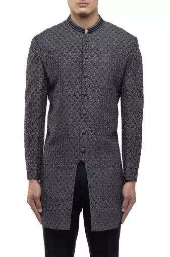 Grey embroidered silk sherwani set