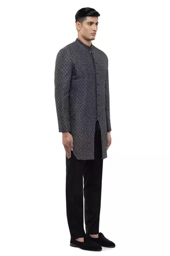 Grey embroidered silk sherwani set