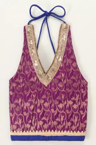 woven brocade sleeveless embellished top with printed lehenga-purple & pink