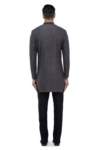 Grey embroidered silk sherwani set