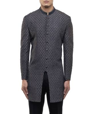 Grey embroidered silk sherwani set 5