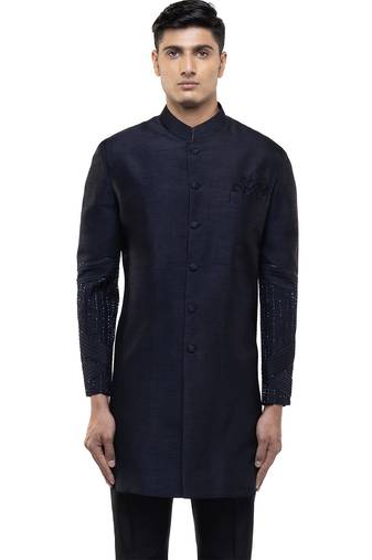 Blue embroidered silk sherwani set