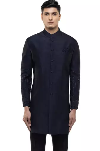 Blue embroidered silk sherwani set