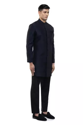 Blue embroidered silk sherwani set