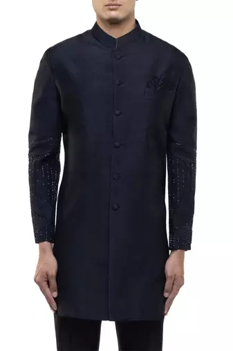 Blue embroidered silk sherwani set