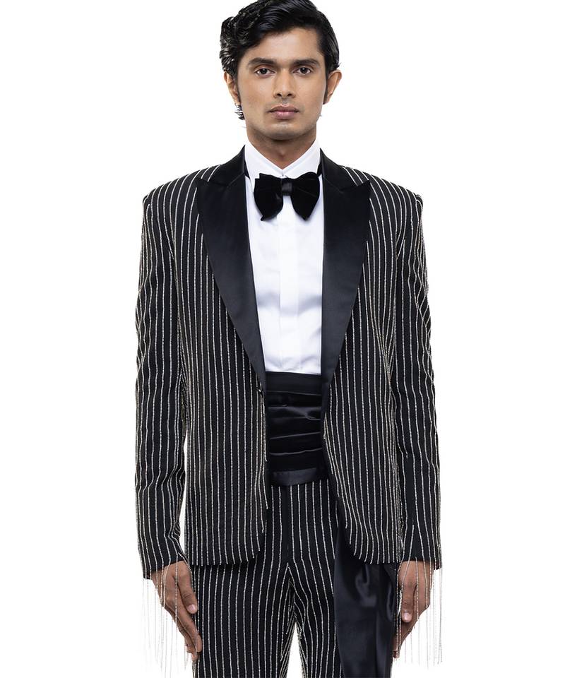 Black embroidered woolen blends tuxedo set