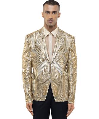 Gold embroidered silk tuxedo set 1