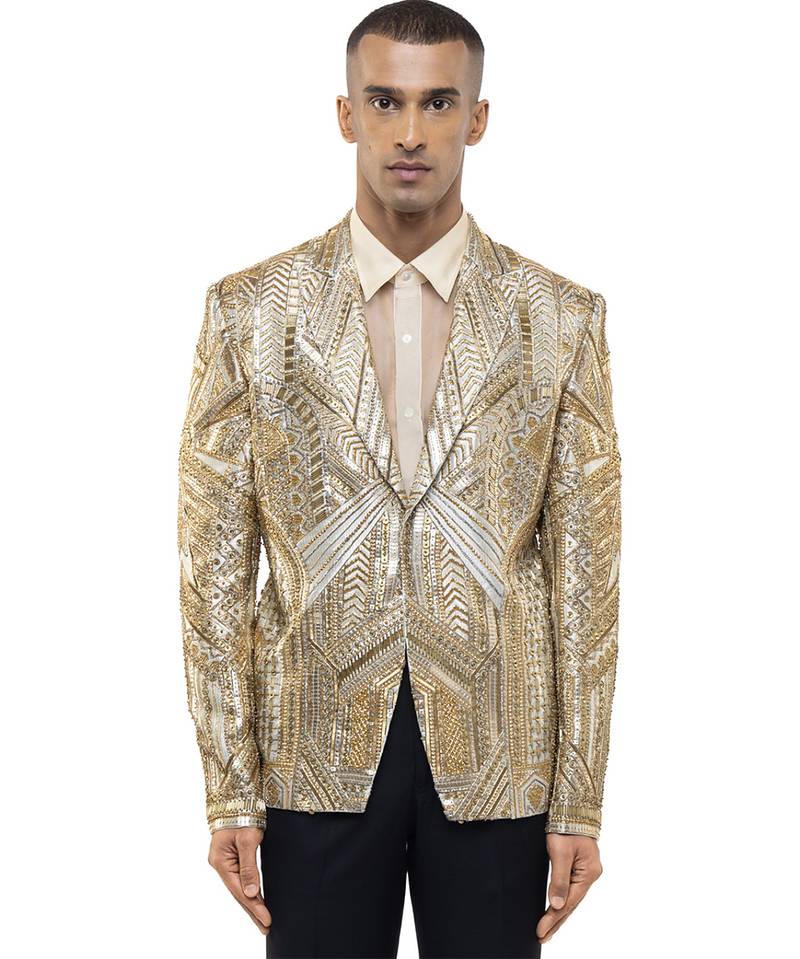 Gold embroidered silk tuxedo set