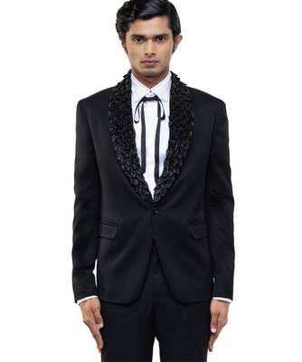 Black embroidered woolen blends tuxedo set 1