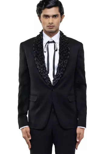 Black embroidered woolen blends tuxedo set