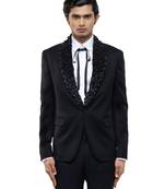 Black embroidered woolen blends tuxedo set