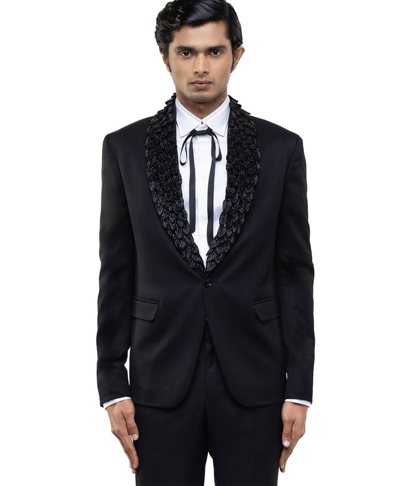 Black embroidered woolen blends tuxedo set