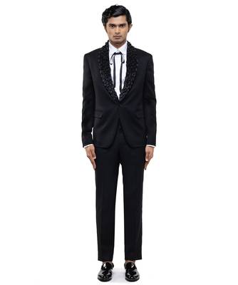 Black embroidered woolen blends tuxedo set 2