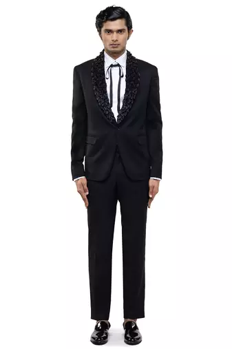 Black embroidered woolen blends tuxedo set