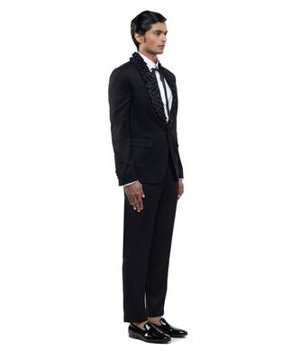 Black embroidered woolen blends tuxedo set 3