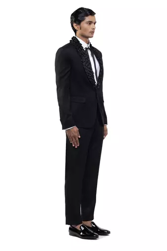 Black embroidered woolen blends tuxedo set