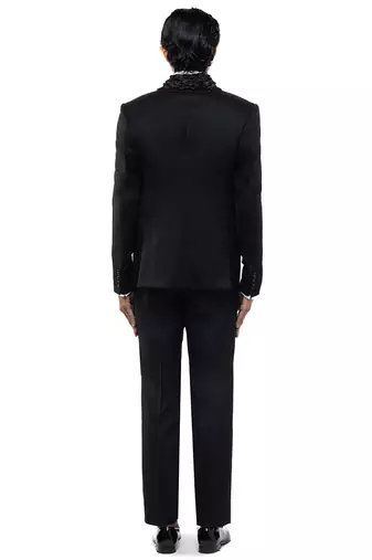 Black embroidered woolen blends tuxedo set
