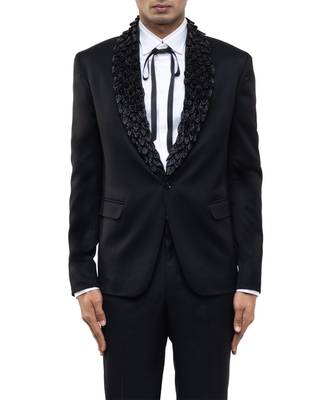 Black embroidered woolen blends tuxedo set 5