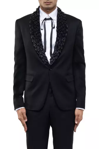 Black embroidered woolen blends tuxedo set