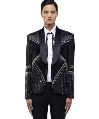 Black embroidered woolen blends tuxedo set 1