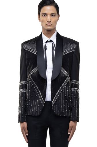 Black embroidered woolen blends tuxedo set