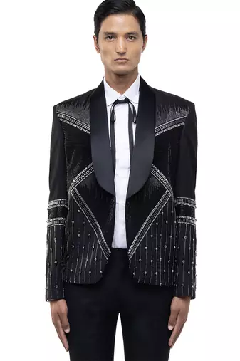 Black embroidered woolen blends tuxedo set