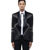 Black embroidered woolen blends tuxedo set